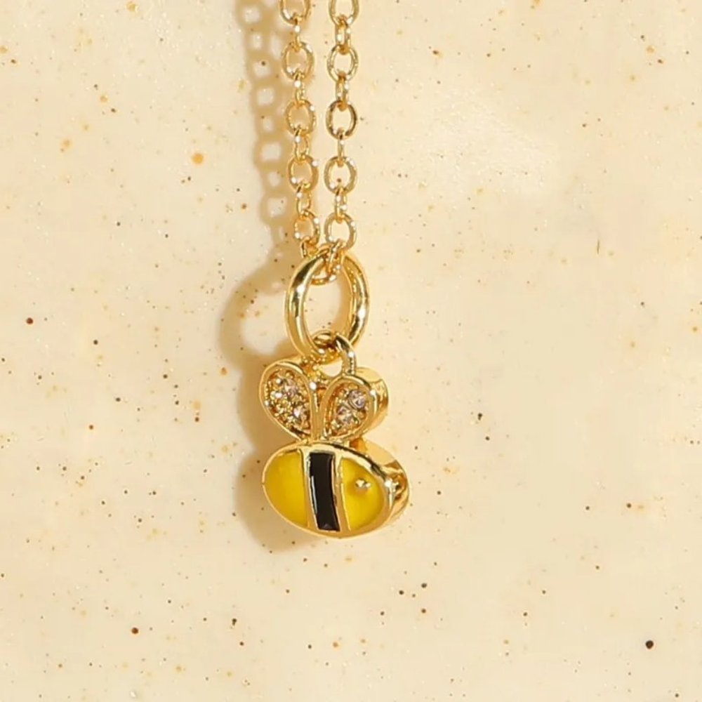 3/$35 14K Gold Plated Bee Pendant Charm Chain Necklace Cubic Zirconia Crystal